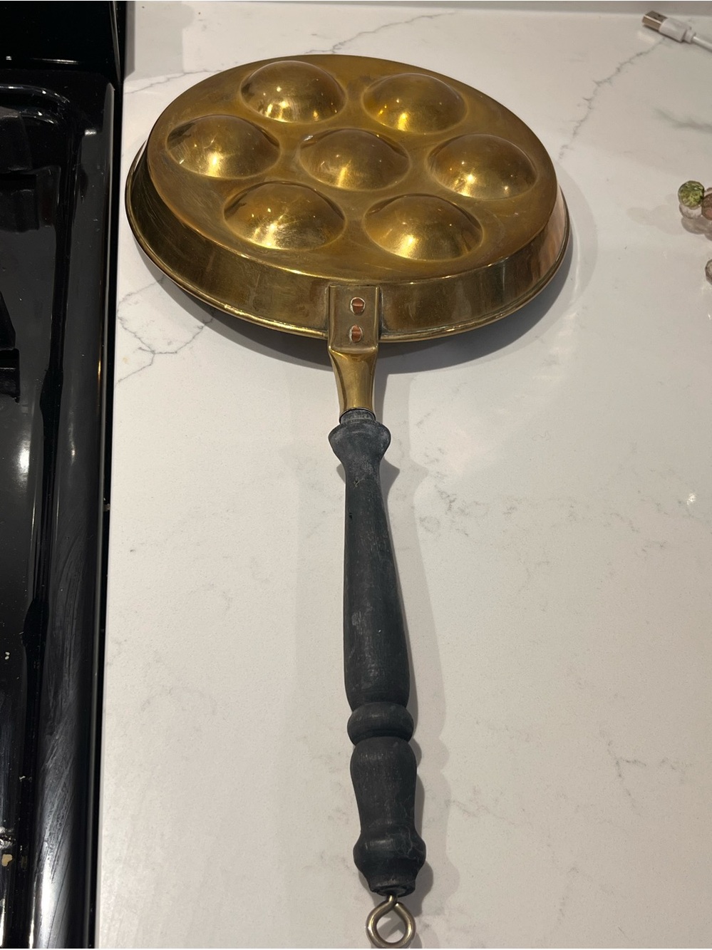 Vintage Brass Aebleskiver Pan with Turned Wooden Handle
